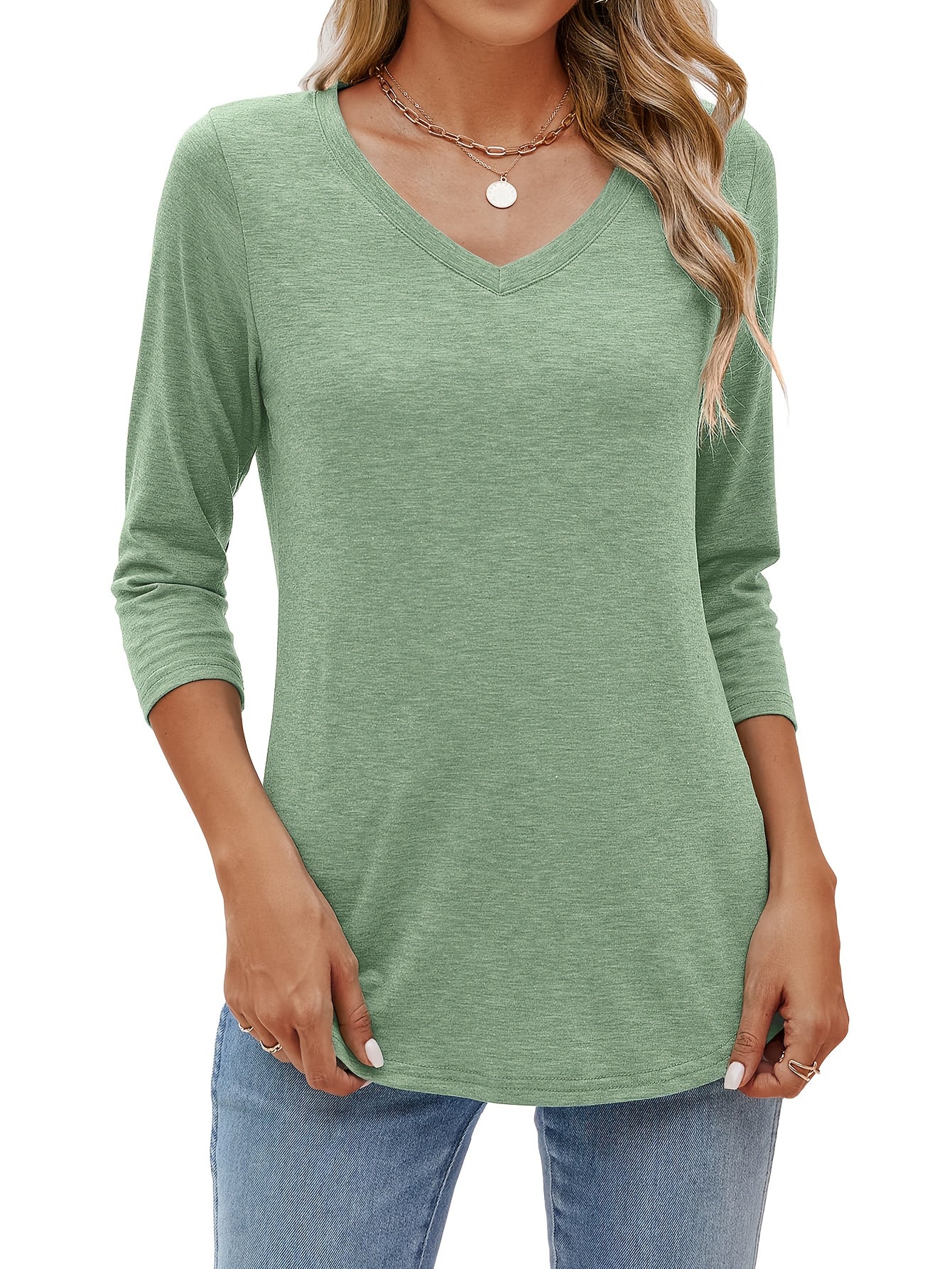 [5pcs Women's Basic T-Shirt] Five-Piece Set Women's Loose Fit V-Neck 3/4 Sleeves Solid Color Basic T-Shirt 2025 European and American Fashion