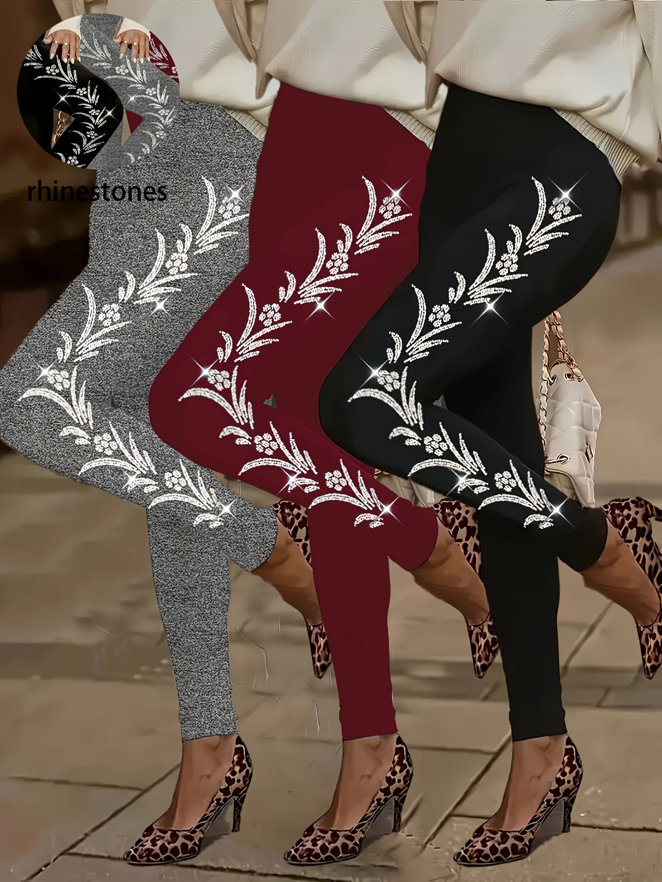 [Rhinestone Leggings] High-Waisted Plus Size Women's Leggings | Stretchy Rhinestone Floral Pattern, Machine-Washable, All-Season, Casual & Formal Wear, Elegant Style, Snug Fit