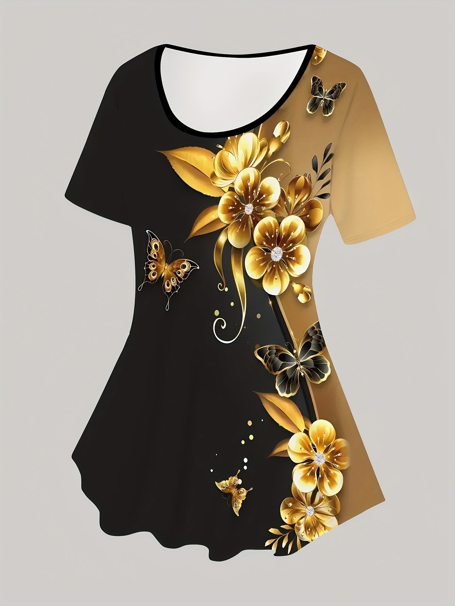 Floral Print Fashion Set - Women'S Casual Short Sleeved Top And Cropped Pants Set, Comfortable And Elastic