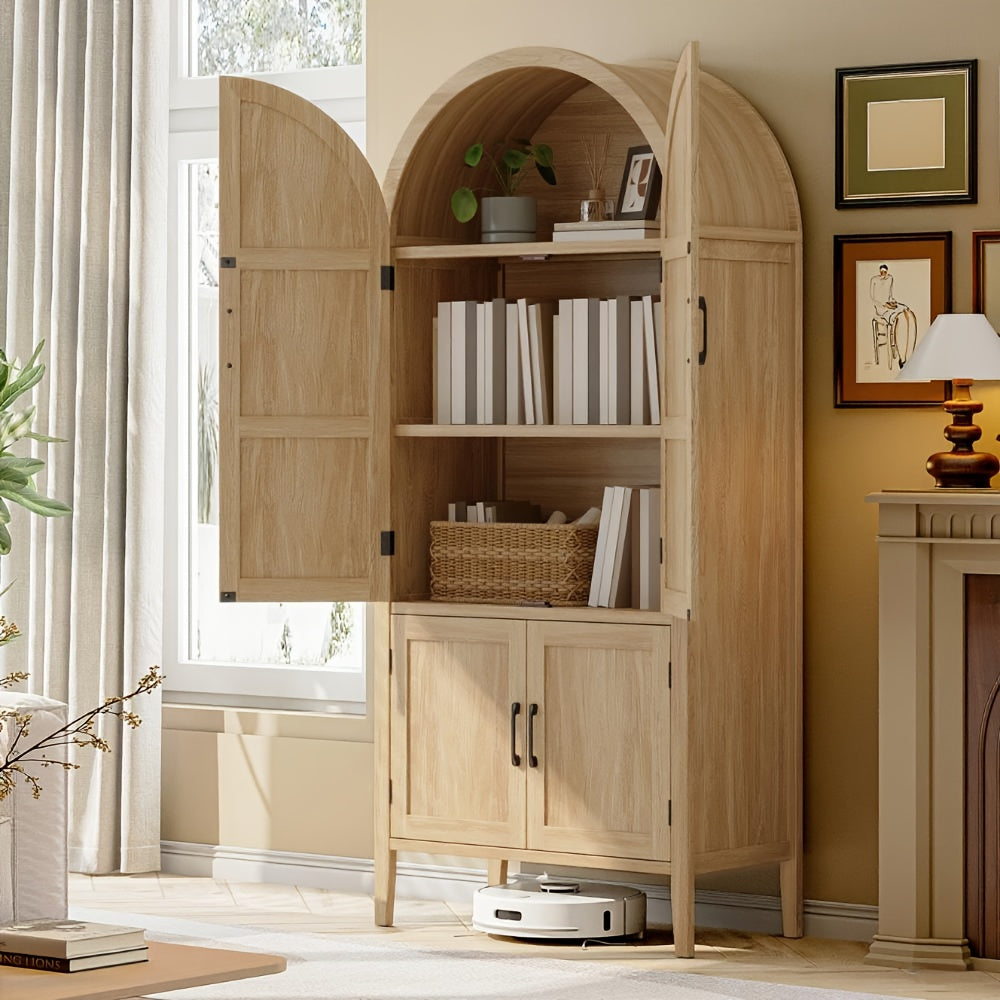 71 Inch Tall Arched Cabinet, 5 Tier Arched Kitchen Pantry Cabinet with Doors And Shelves, Modern Farmhouse Kitchen Storage Cabinet with Adjustable Feet for Living Room And Dining Room, Oak