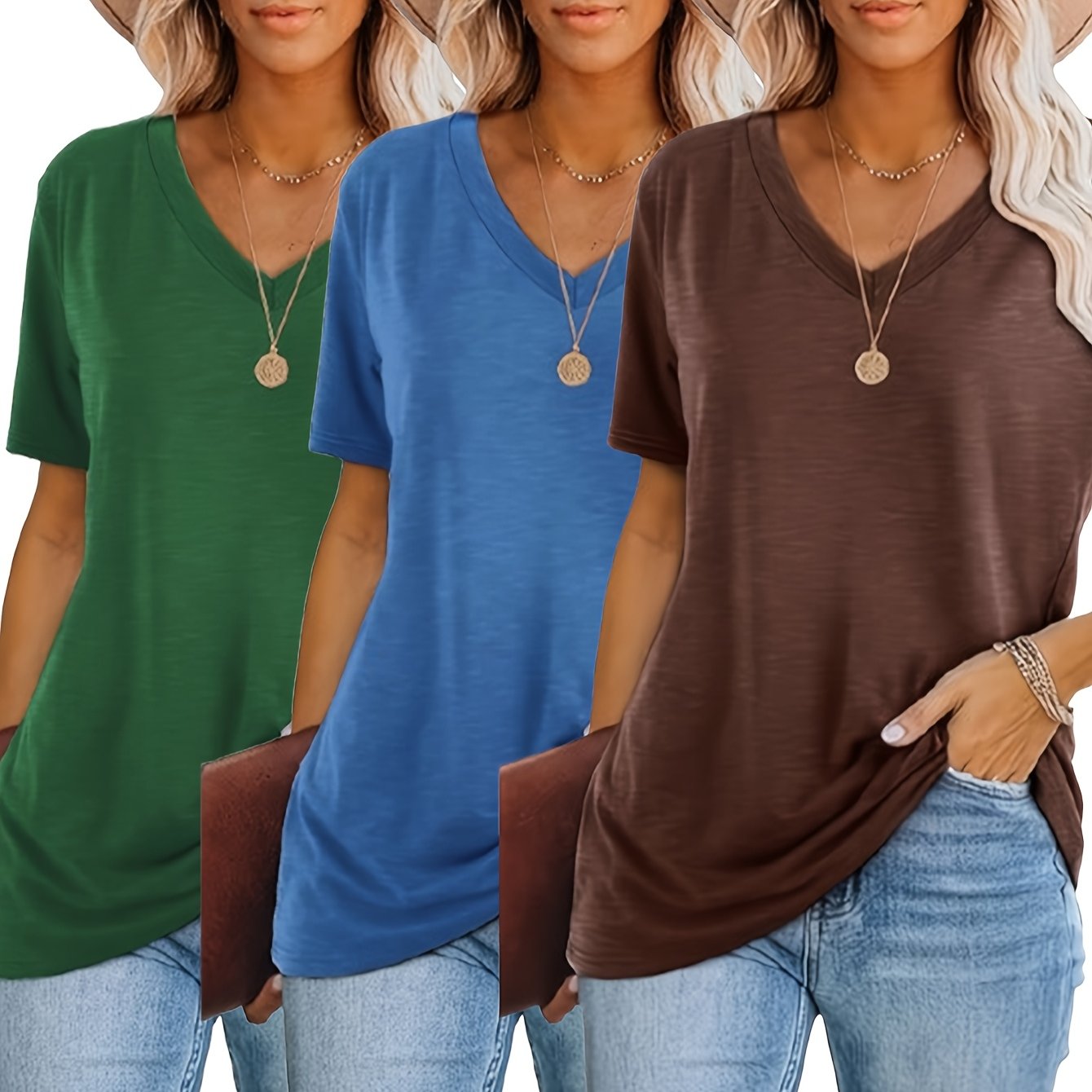 [Fashion T-Shirt] Three-Piece V-Neck Short Sleeve T-Shirt Set | 2025 European and American Fashion Casual Loose Women's