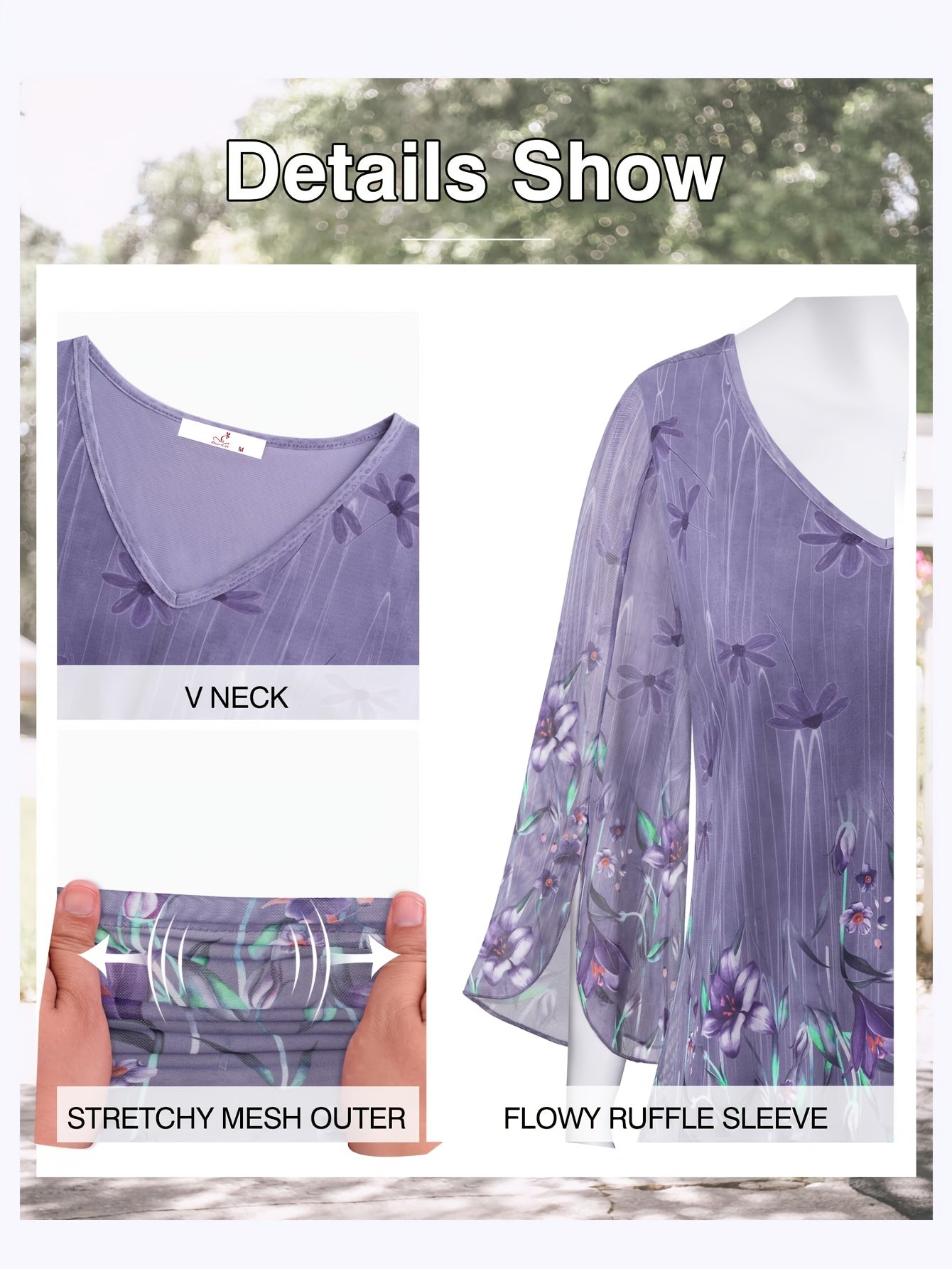 [Floral Blouse] Floral Print V-Neck Blouse | Women's Loose Fit Flowy Tunic Top with 3/4 Ruffle Sleeves & Double Layer Mesh Overlay - Semi-Sheer Lightweight Polyester-Spandex Blend for Spring/Summer Casual & Formal Outings