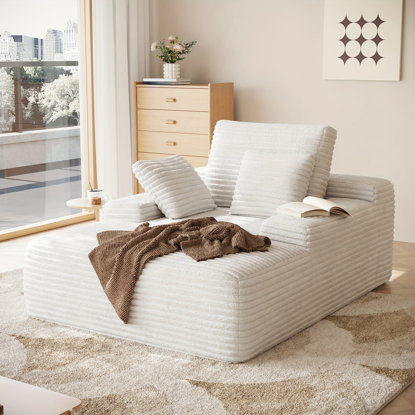 67" Oversized Chaise Lounge Chair Sofa Bed with Corduroy Upholstery - No Assembly Required, Plush Cloud Sleeper with Throw Pillows, Deep Seat & Wide Armrests, High-Density Foam Base, 1000lb Weight Capacity, Modern Luxury Slee