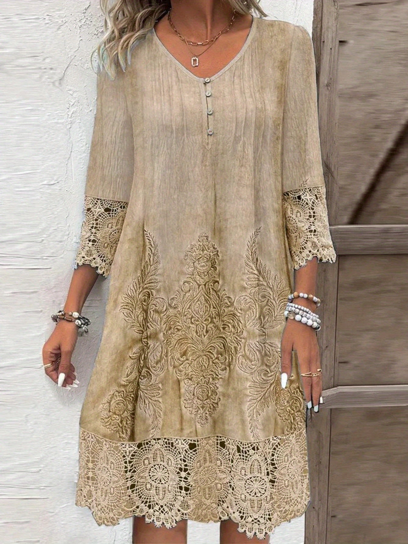 Women's Elegant Maxi Dress with Lace Sleeve & V-Neck - A-Line Floor-Length Formal/semi-formal Dress with Belt, Long Sleeve Train Skirt for Weddings, Parties, Casual Attire - Spring/Summer Outfits in Beige & Golden Lace Print