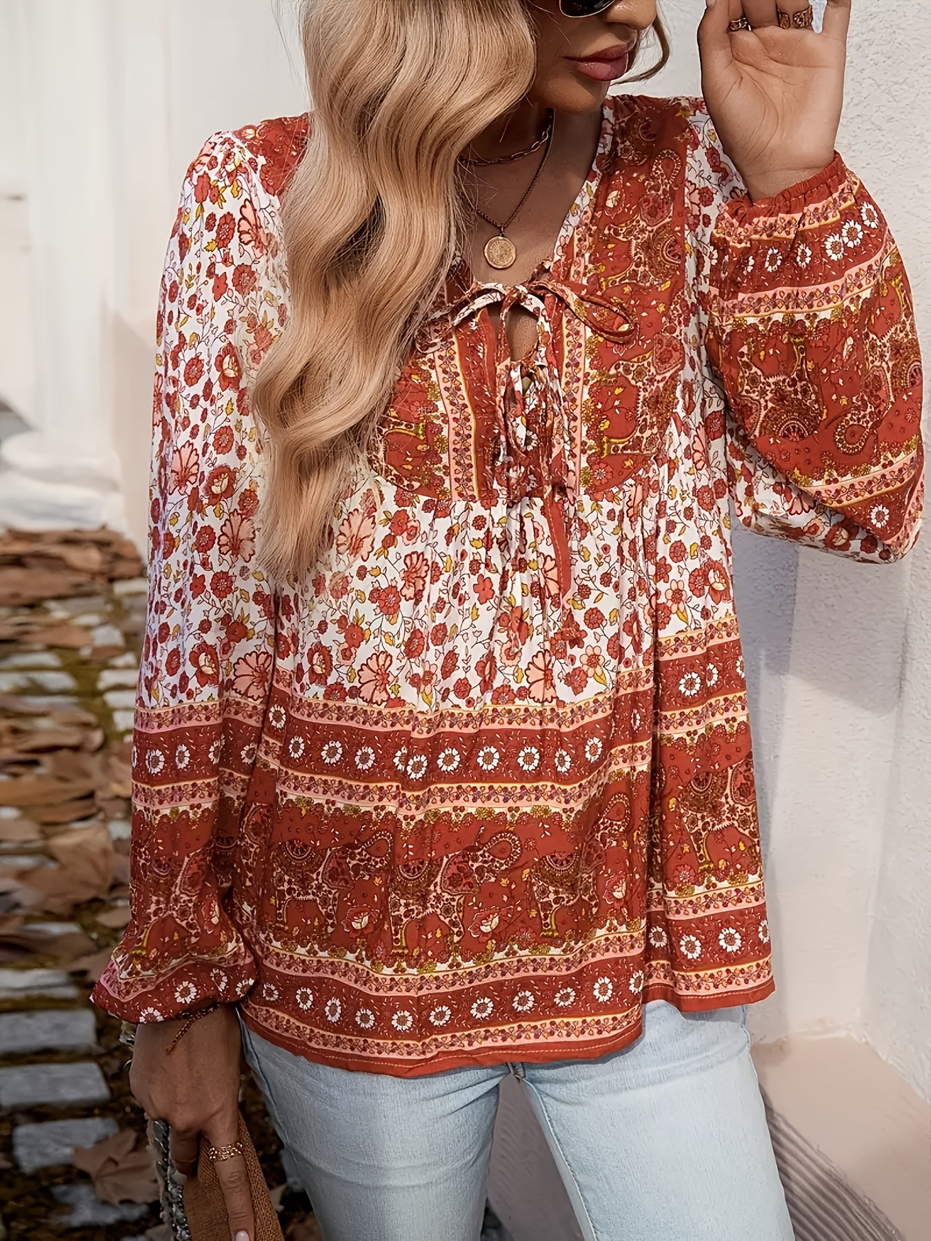 ZAFUL Bohemian Floral Print Shirt - Women'S Loose V-Neck Long Sleeve Blouse - Lightweight Beach Cover Up & Casual Summer Top