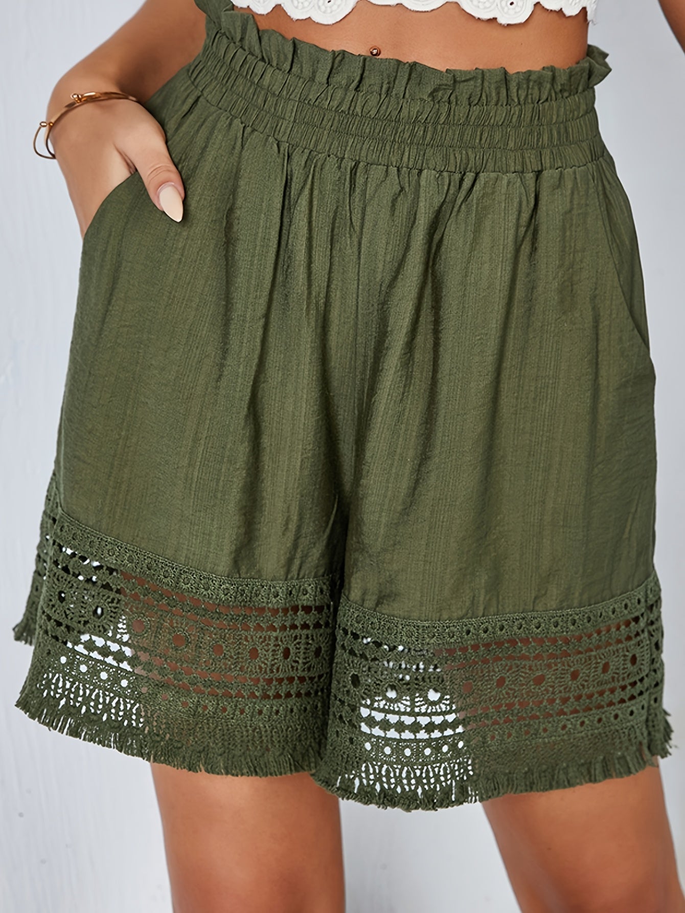 ZAFUL Women'S Solid Color Lace Cut-out Tassel Pocket Shorts, Beach Vacation Casual Outing
