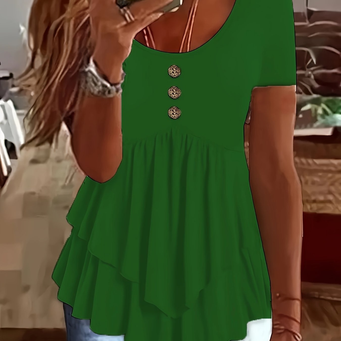 Women's Mint Green Crew Neck T-Shirt - Non-Stretch Casual Blouse with Front Button Closure, Tiered flare hem for Everyday & Formal Outfits - Machine Washable Summer Top, Ladies T-shirts, Nonstretch Fabric, Spring Fashion, Lig
