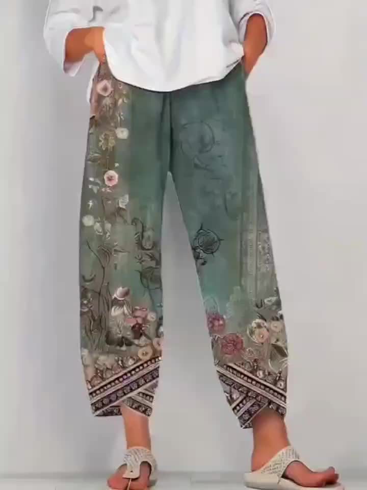 [Floral Print Palazzo Pants] Plus Size Floral Print Palazzo Pants | High Waist Wide Leg Cropped Pants, Soft Polyester Casual Summer Pants for Women, Lightweight & Breathable, Perfect for Casual Attire, Allseason Pants