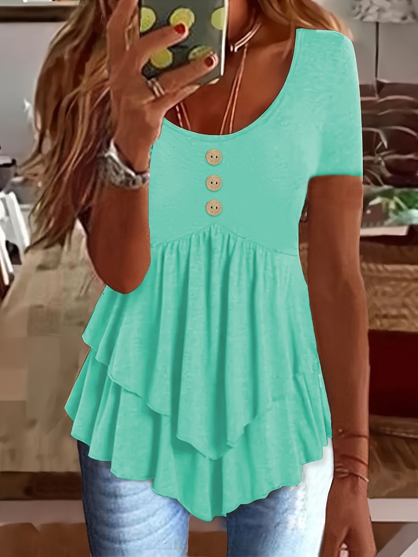 Women's Mint Green Crew Neck T-Shirt - Non-Stretch Casual Blouse with Front Button Closure, Tiered flare hem for Everyday & Formal Outfits - Machine Washable Summer Top, Ladies T-shirts, Nonstretch Fabric, Spring Fashion, Lig