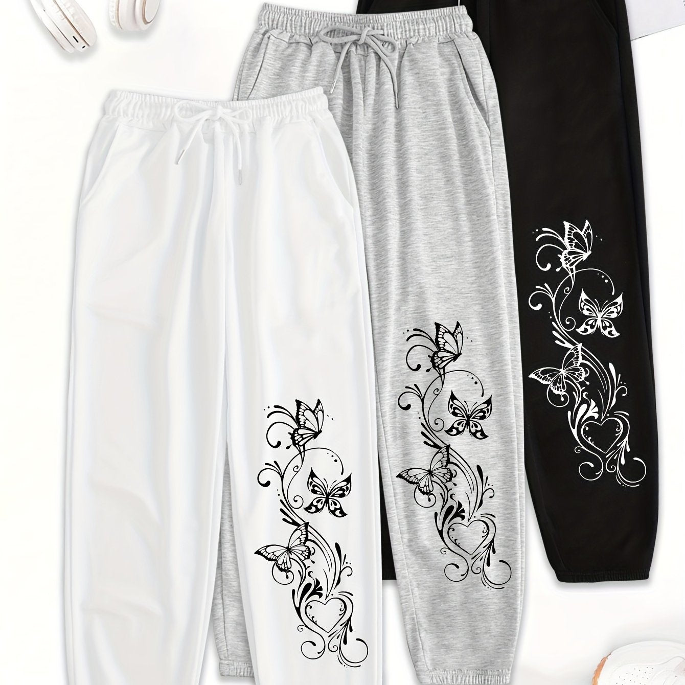 Women's 3-Pack Polyester Drawstring Sweatpants with Pockets - Loose Fit Casual All-Season Knit Joggers with Floral Print Detail
