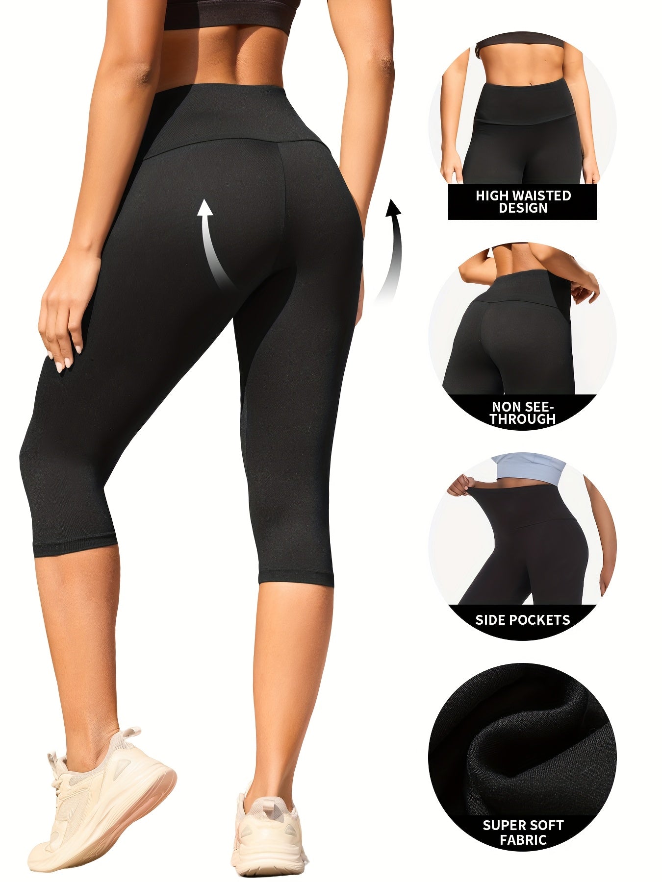 3-Pack Women's High Waisted Tummy Control Yoga Capri Pants - Super Soft Non-See Through Workout Leggings, High-Elasticity Machine Washable Solid Color for Running, Gym & Casual Wear (Spring/Summer/Fall)
