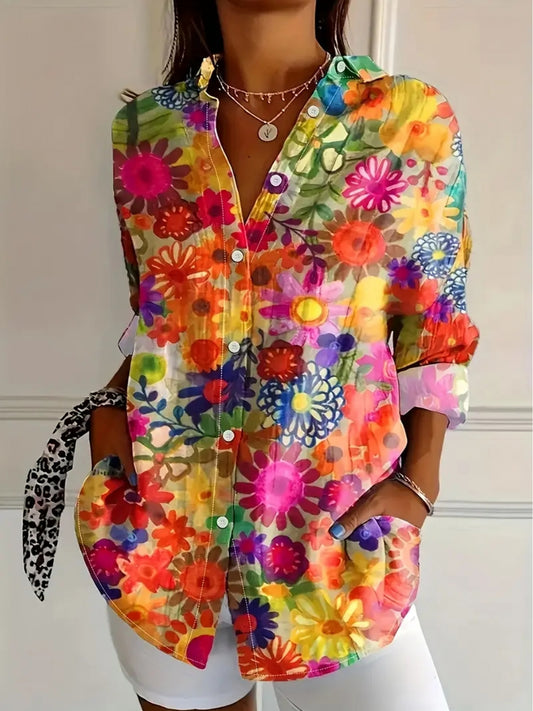 [Vibrant Blouse] Vibrant Floral Print Women's Long Sleeve Blouse| Stylish Spring/Summer Shirt with Lapel Collar and Patched Details- Casual Yet Sophisticated Style