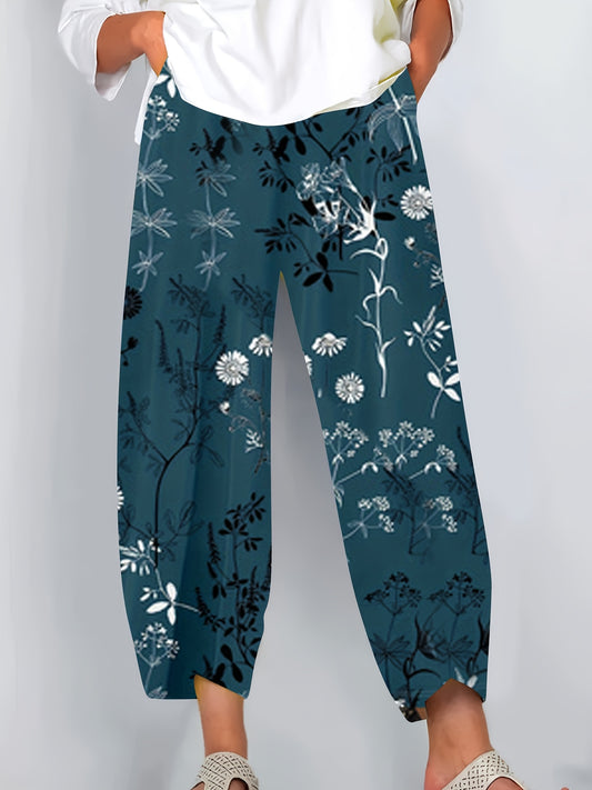 Women'S Navy Blue Floral Print Cropped Pants with Elastic Waistband and Side Pockets - Casual, Comfortable, and Stylish for Vacation or Casual Attire, Vacation Pants | Relaxed Fit Trousers | Polyester Fabric