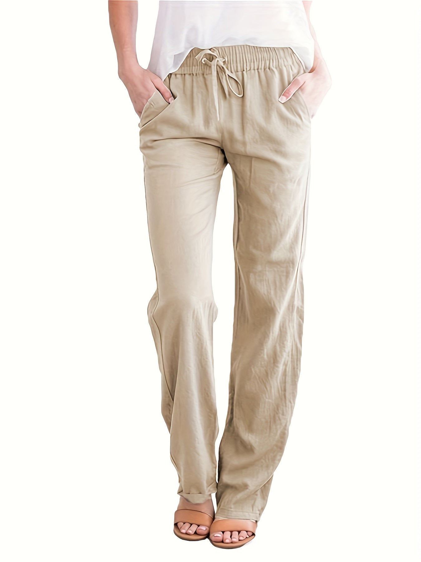 Women's Casual Solid Color Trousers with Pockets & Adjustable Drawstring Waist - Loose Fit Lightweight Pants for Spring Summer Fall, Machine Washable for Daily Commuting & Casual Outings, Flexible Clothing, Stylish Simplicity