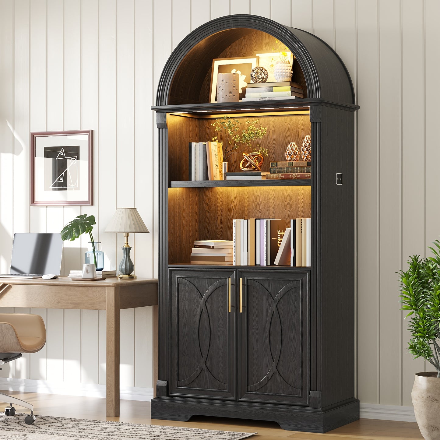 HWB 71" Tall Arched Kitchen Pantry Cabinet with LED Lights - Adjustable Shelves, Open Storage for China, Books & Kitchenware, Modern Wood Cabinet