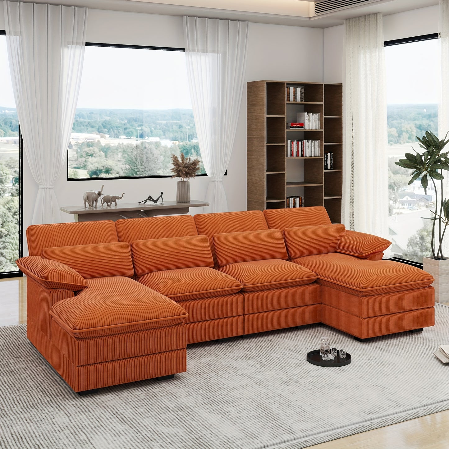 [Comfort Cloud Sofa] Comfort 4 Seater U-Shape Combo Sofa, 111.8'' Modern Deep Seat Cloud Sofa with Lumbar Cushion | Corduroy Living Room Sofa for Apartments, Apartment Homes