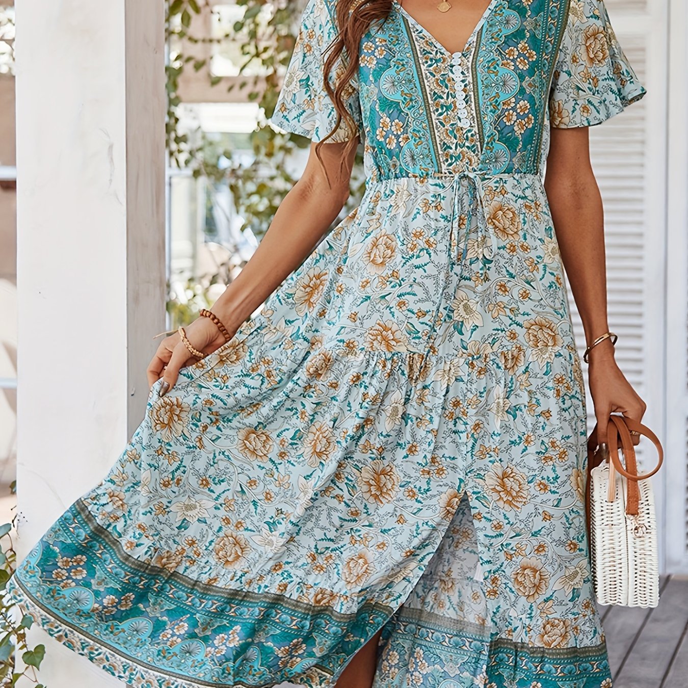 Lightweight And Breathable Summer Women's Waist Cinched Elegant Bohemian Button Up Dress, V-neck Fashionable And Refreshing Vacation Casual Women's Long Dress