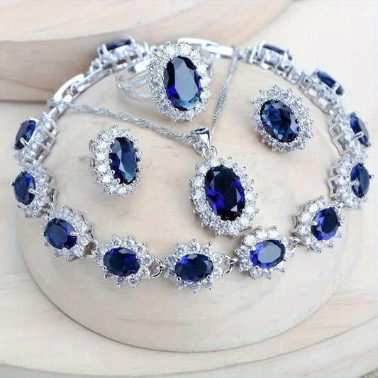5pcs/ set Blue Copper Inlaid Synthetic Zirconia Women's Earrings + Adjustable Open Ring + Necklace + Bracelet Wedding Jewelry Set, Classic and Elegant Valentine's Day and Mother's Day Gift