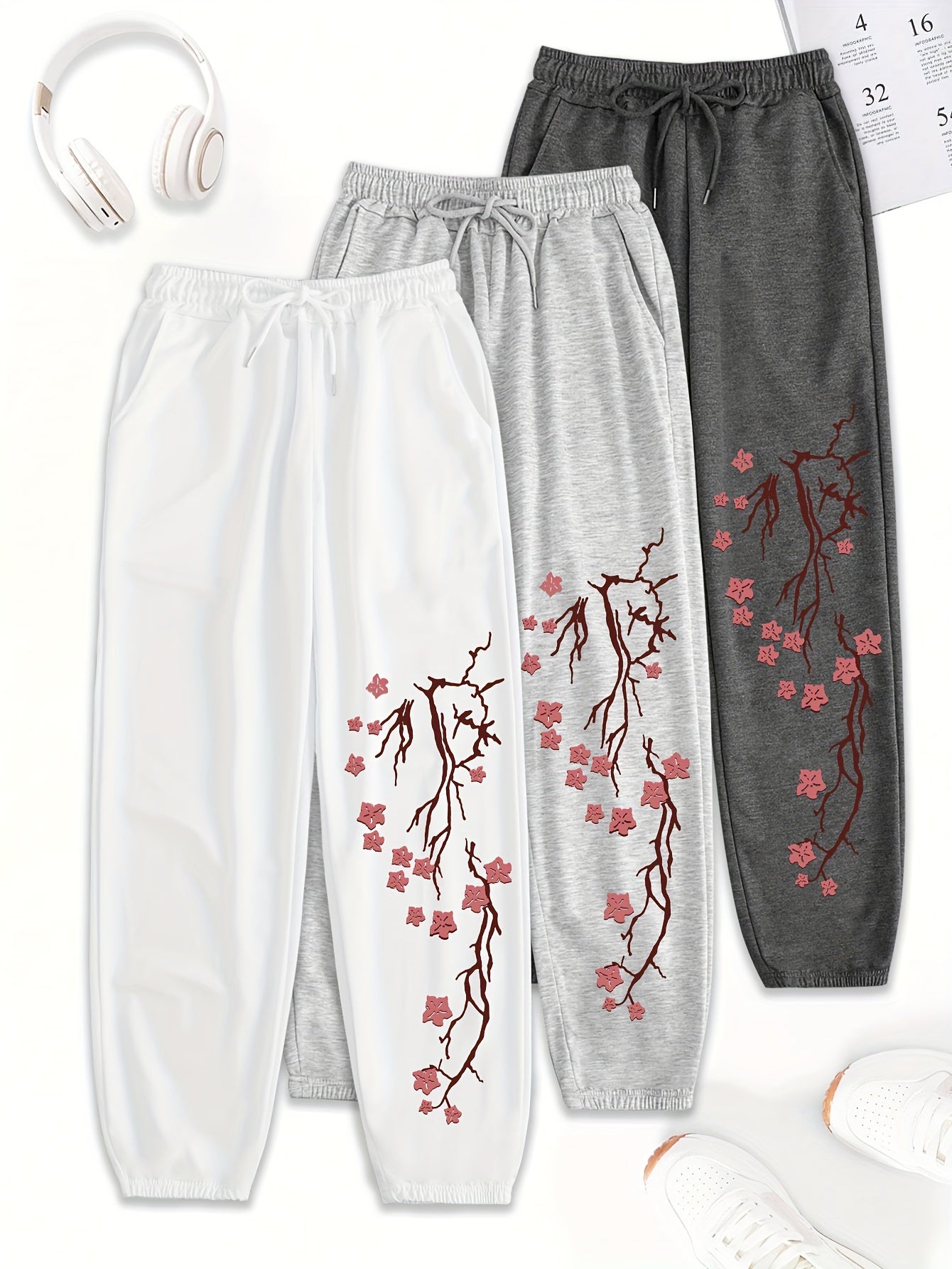 3pcs Women'S Casual Joggers with Elastic Waistband - Loose Fit, Drawstring Pants, White & Gray with Red Floral Print, All-Season Comfort, Jogging Pants