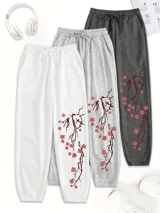 3pcs Women'S Casual Joggers with Elastic Waistband - Loose Fit, Drawstring Pants, White & Gray with Red Floral Print, All-Season Comfort, Jogging Pants