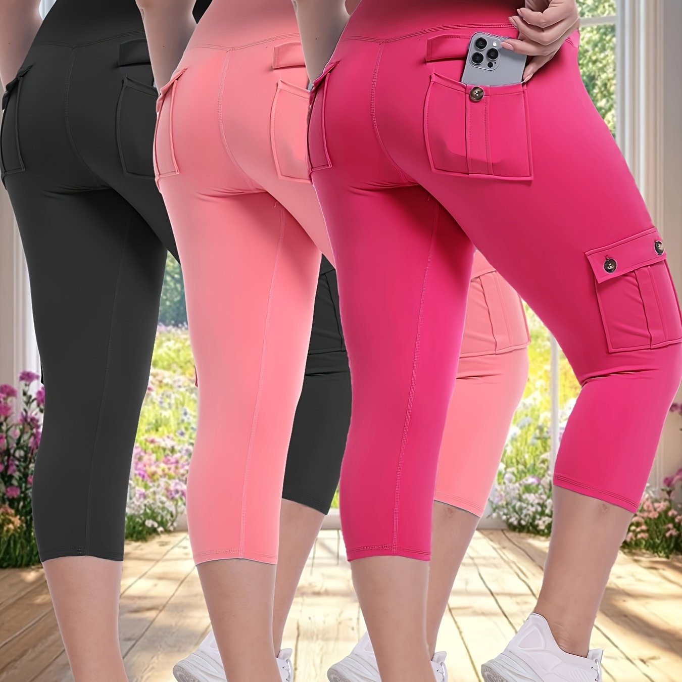 3pcs Women'S High-Waisted Yoga 7/10 Pants with Pockets - Stretch Running And Sports Leggings, Button Design, Solid Color, Comfortable Polyester Blend Fabric.
