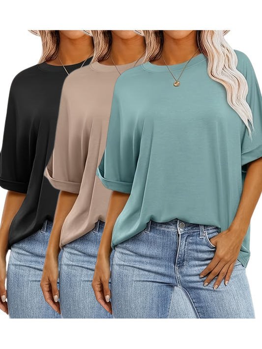 Three-Piece Women's Top Set Oversized T-Shirt Short Sleeve Round Neck Summer Casual Loose Basic Tee 2025 Trendy Fashion Clothing
