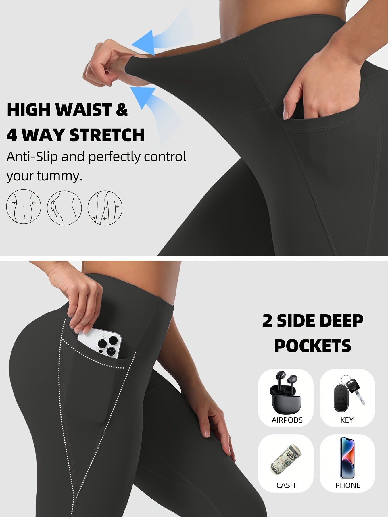 8pcs Set Women's High Waisted Yoga Leggings - Full-Length & 3/4 Length Options, High-Stretch Spandex Light Beige-Friendly Workout Pants with Pockets, All-Season Gym & Casual Athletic Wear (Multi-Color Options: Black, Navy, Gr