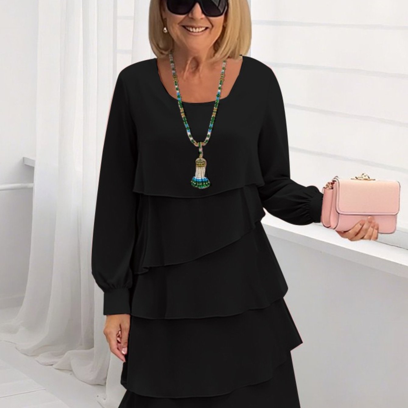 [Elegant Tiered Midi Dress] Elegant Women's Black Tiered Midi Dress | Long Sleeves, Loose Fit, Round Neck, Flared Hem, Layered Skirt Design - Perfect for Fall, Casual Elegant Wear