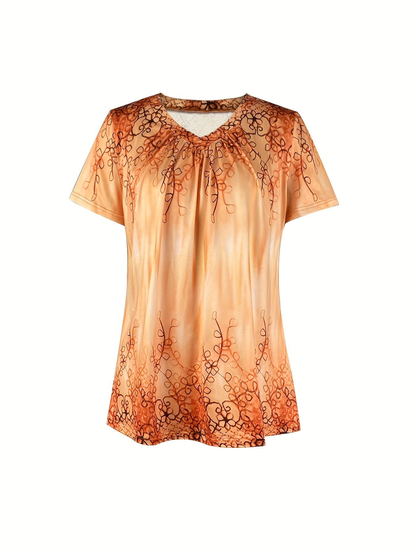 An Elegant Women'S Outfit Featuring a Botanical Print V-Neck Top with Short Sleeves, Paired with a Solid Two-Piece Set of Shorts.