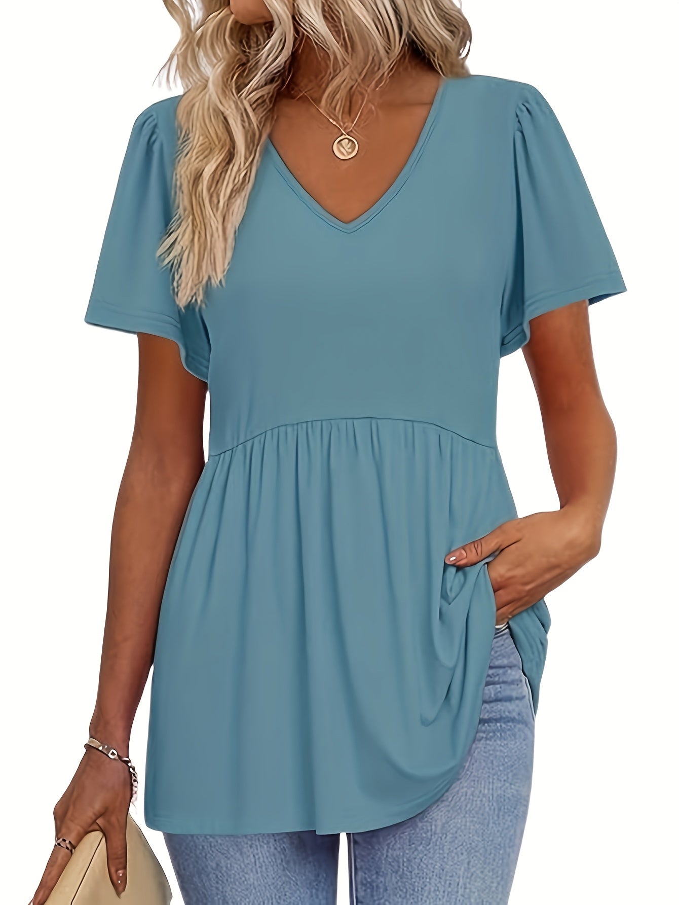 [Summer T-Shirts] 3pcs Lightweight Women's Summer V-Neck T-Shirts | Casual Short Sleeve Ruffle Hem Tee, Solid Color Polyester Blend Fabric for Daily & Party Wear