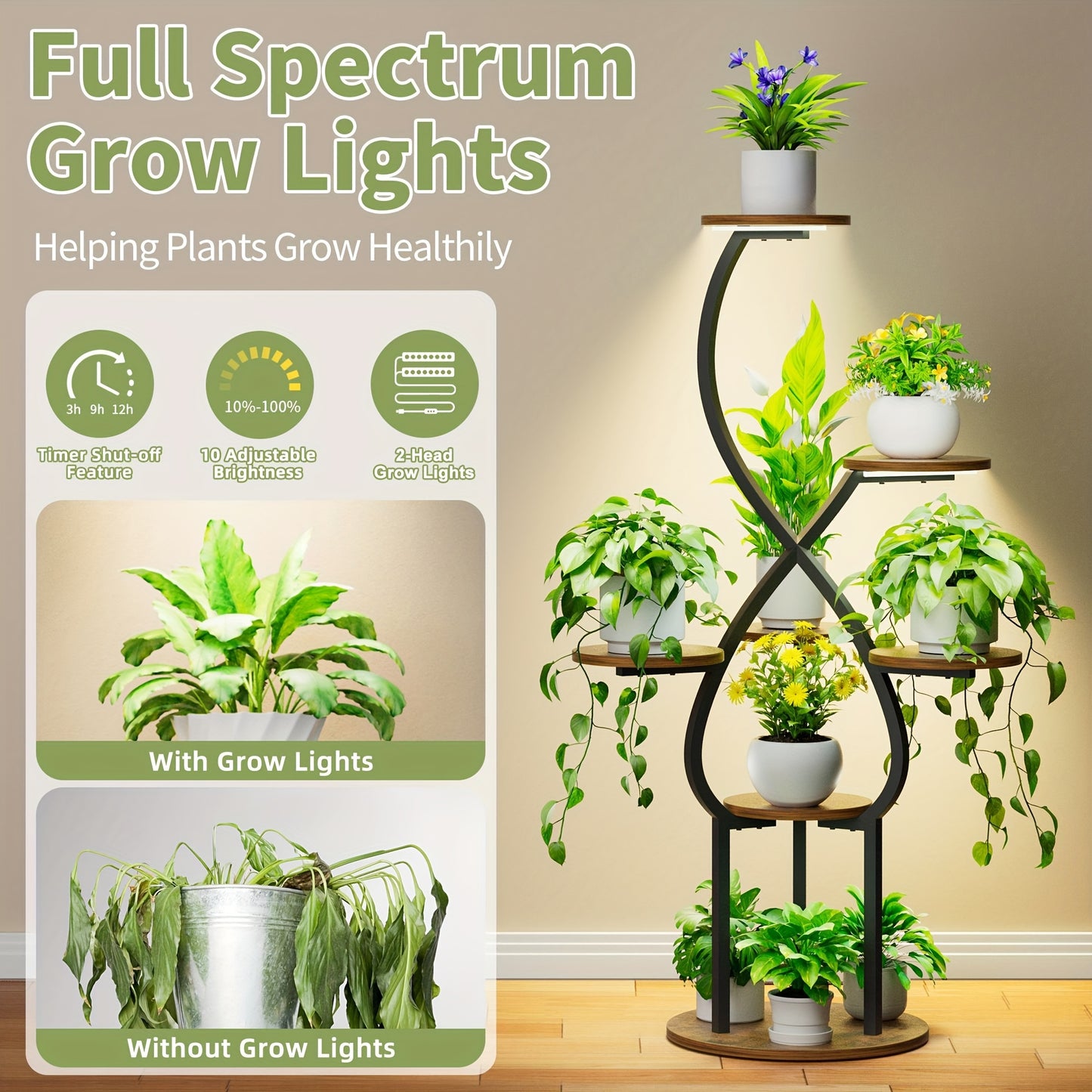 Indoor Plant Stand with Grow Light, 5-Tier 48-Inch Tall Metal Indoor Plant Shelf for Various Plants, Small Corner Display Rack Suitable for Living Room, Balcony, Patio, Hallway Decor, Brown