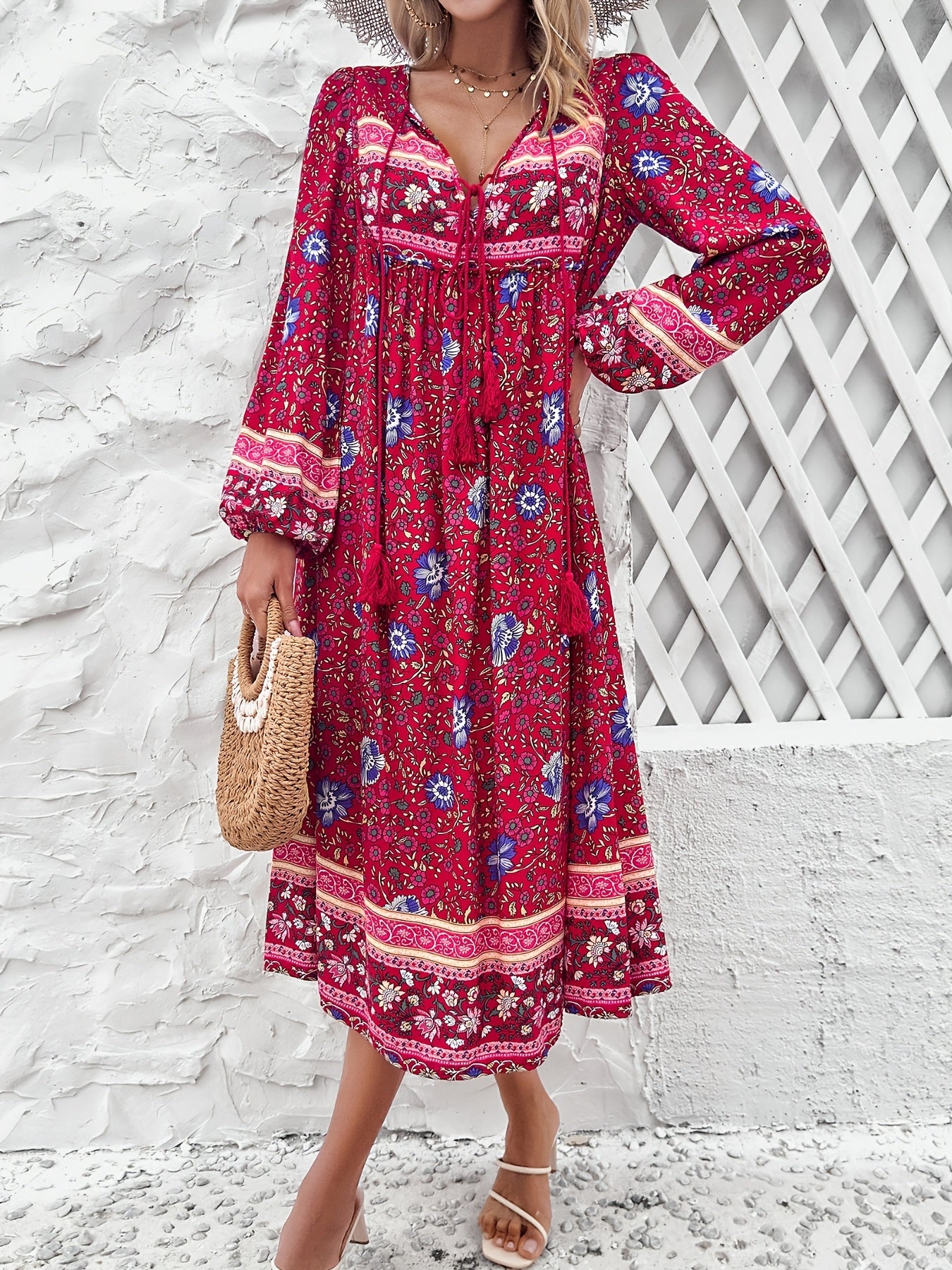 ZAFUL Women's Casual Loose Bohemian Tassel Print Long Sleeve Dress