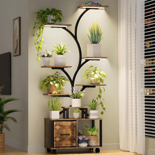 65" Tall 9-Tier Modern Plant Stand with Grow Light & Locking Casters - Heavy-Duty Steel Indoor Plant Shelf with Drawer, Brown/Golden Contemporary Design, Space-Saving Vertical Garden for Living Room, Balcony, Patio - Ideal fo