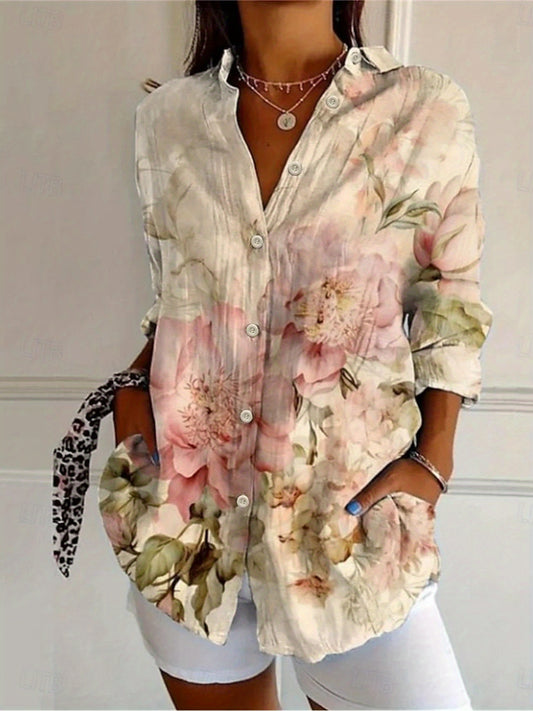 Women'S Long Sleeve Button-Up Shirt - Elegant Floral Blouse with Button Front Placket, Soft Pastel Floral Print in Pink/White/Gray/ - Office, Everyday & Formal Tops - Fall/Winter Women'S Clothing - Easy-Care Button-Up Blouse,