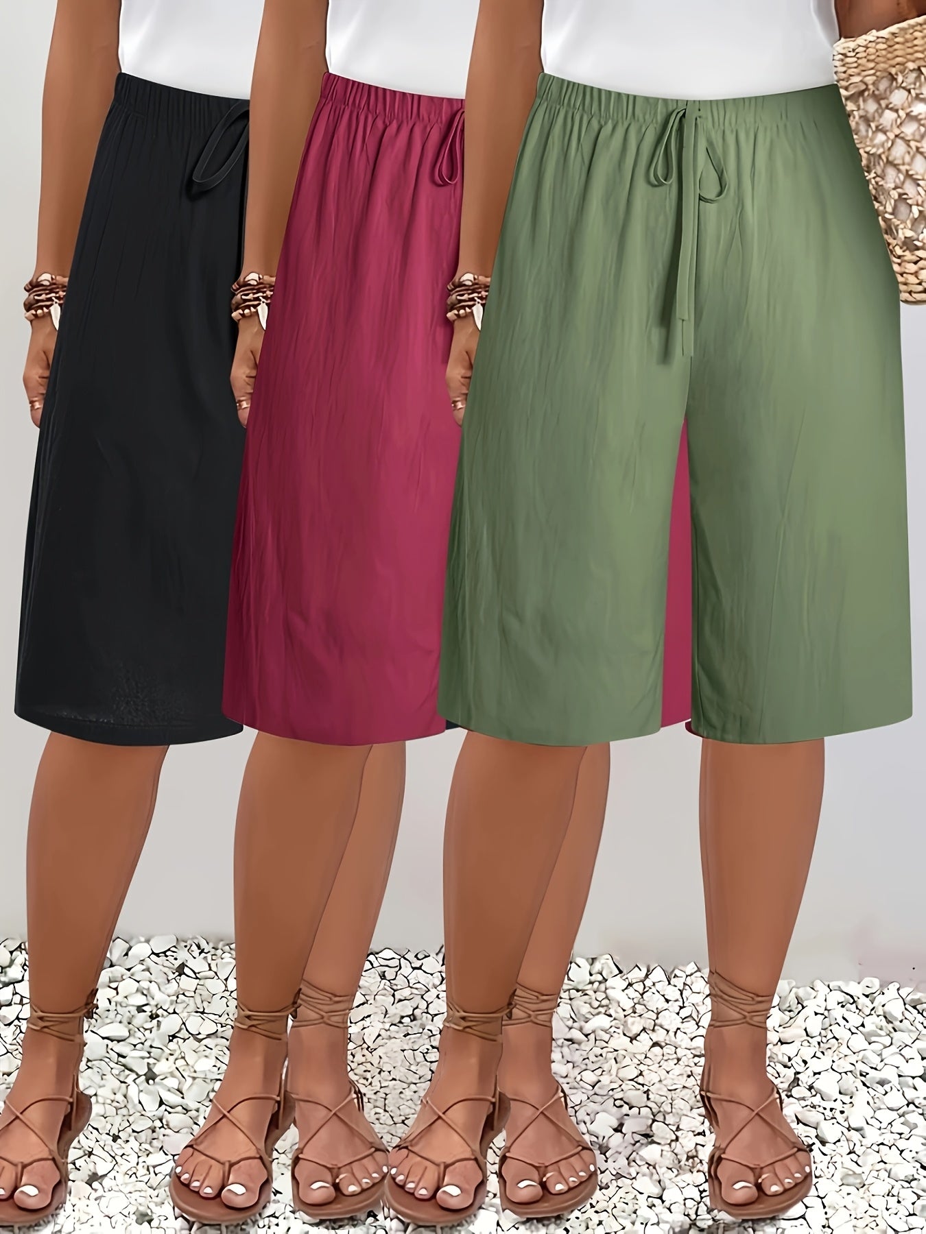 [High-Waisted Shorts] 3pcs High-Waisted Wide-Leg Shorts | Women's Casual Mid-Thigh Length Non-Stretch Fabric, Solid Colors - Machine Washable