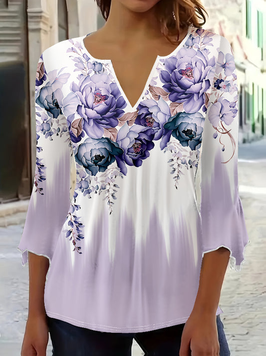 Elegant V-Neck Floral Blouse - Light Purple with Blue & White Flowers, Ruffled Sleeves, Flowy Design for Women, Perfect for Spring & Summer, Casual Wear Blouse | Floral Print Top | Ruffled Sleeve Top