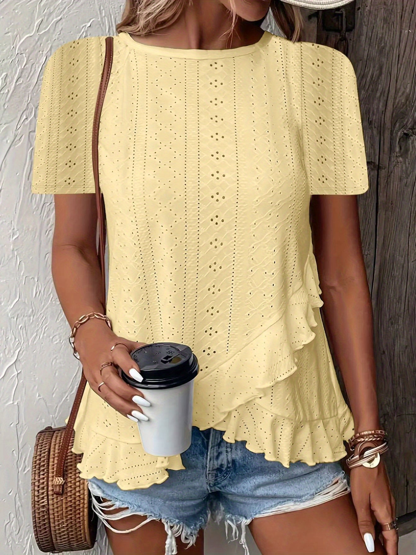SINHOON Women'S Summer Casual Short Sleeve Solid Color Round Neck T-Shirt With Asymmetrical Hem