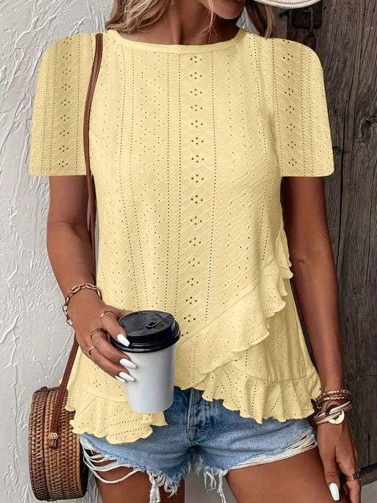 SINHOON Women'S Summer Casual Short Sleeve Solid Color Round Neck T-Shirt With Asymmetrical Hem