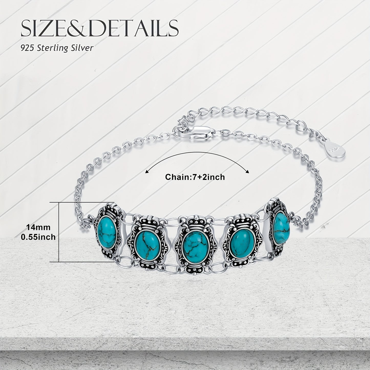 [Turquoise Link Bracelet] 925 Sterling Silver Turquoise Link Bracelet | Adjustable Bracelets for Women