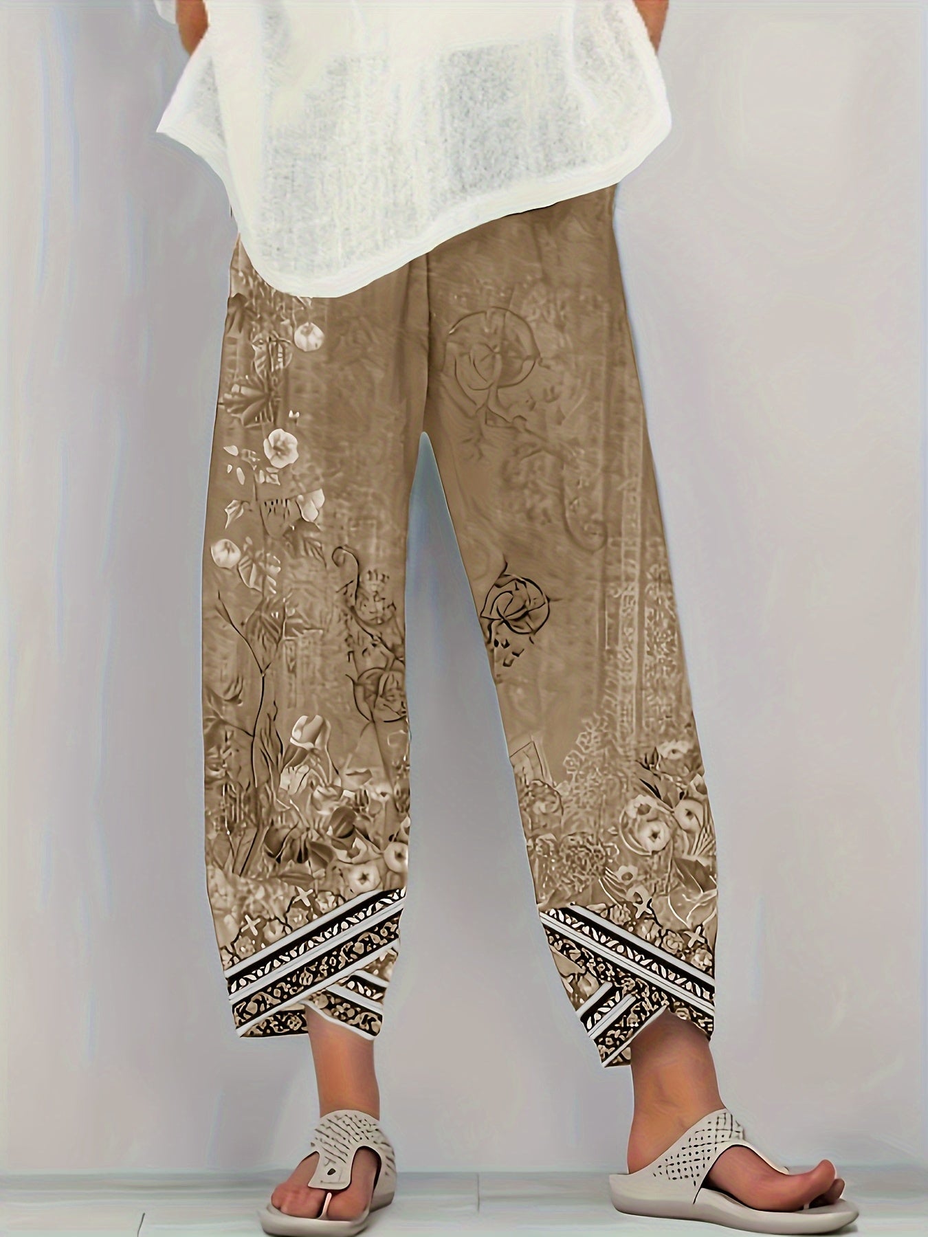 [Floral Print Palazzo Pants] Plus Size Floral Print Palazzo Pants | High Waist Wide Leg Cropped Pants, Soft Polyester Casual Summer Pants for Women, Lightweight & Breathable, Perfect for Casual Attire, Allseason Pants