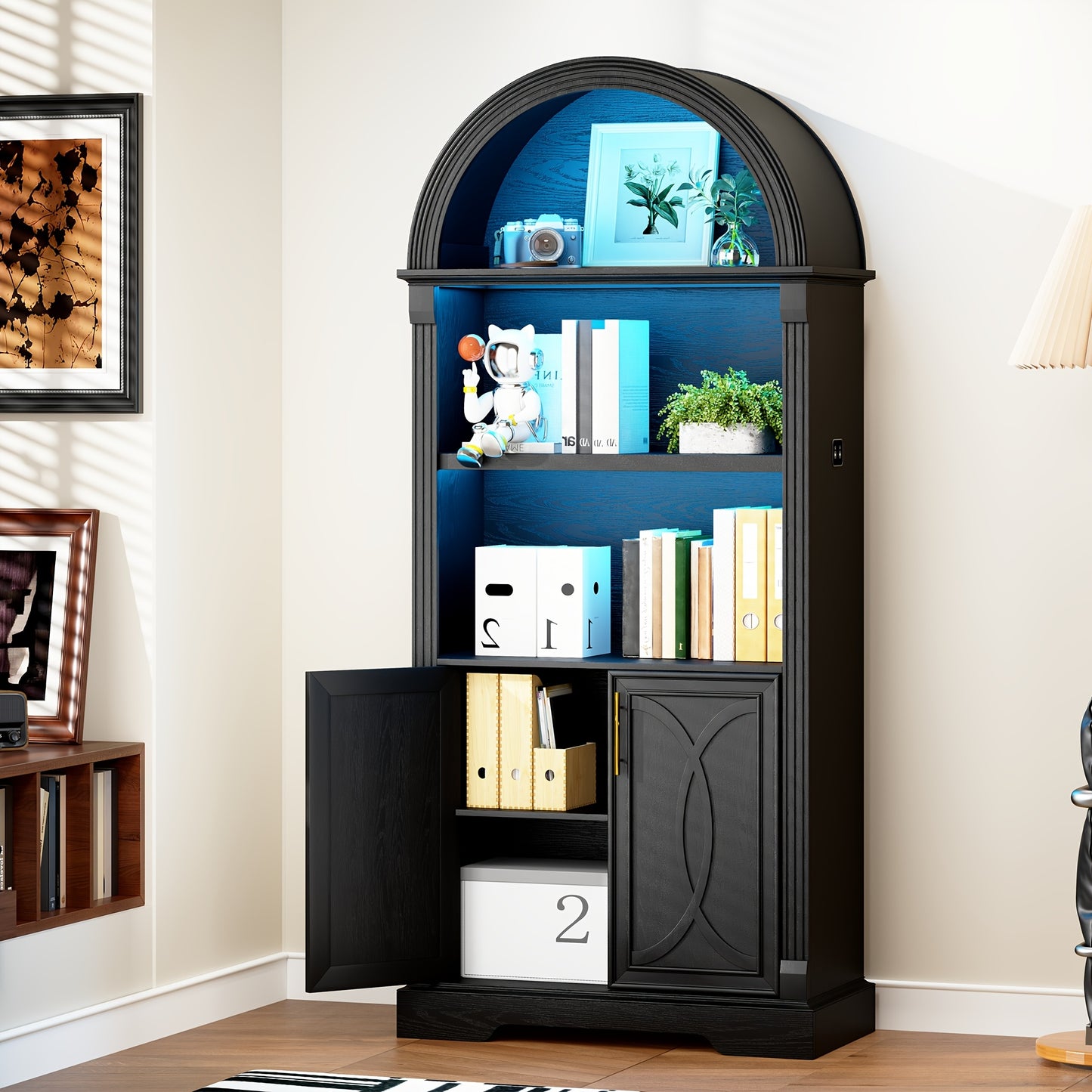 HWB 71" Tall Arched Kitchen Pantry Cabinet with LED Lights - Adjustable Shelves, Open Storage for China, Books & Kitchenware, Modern Wood Cabinet