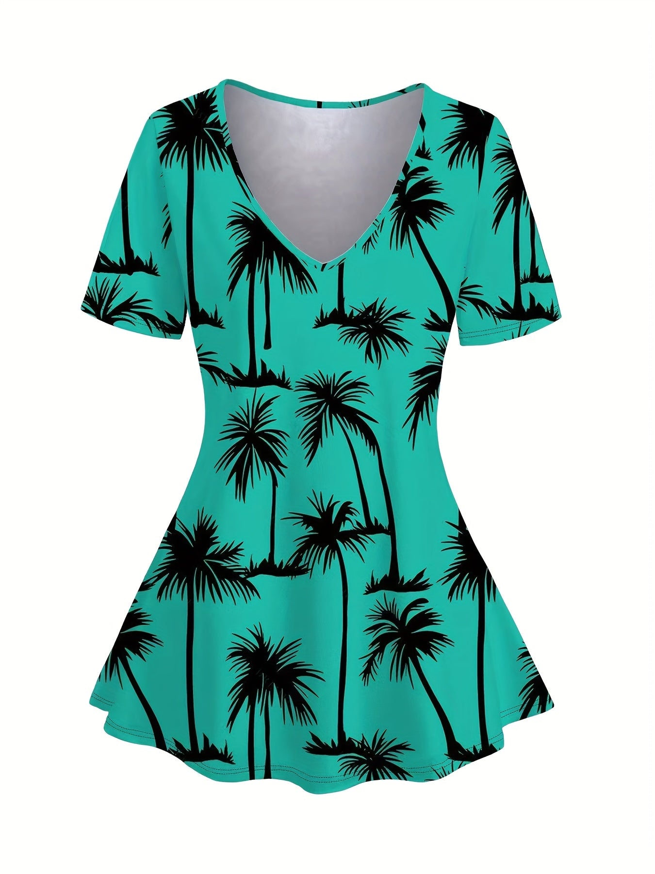 Women'S Tropical Palm Tree Print Short Sleeve V-Neck T-Shirt & Capri Leggings Set - Lightweight Stretchy Polyester, Casual Summer Outfit for Vacation or Casual Attire, Vacation Clothing | Playful Print | Glossy Fabric, Ladies