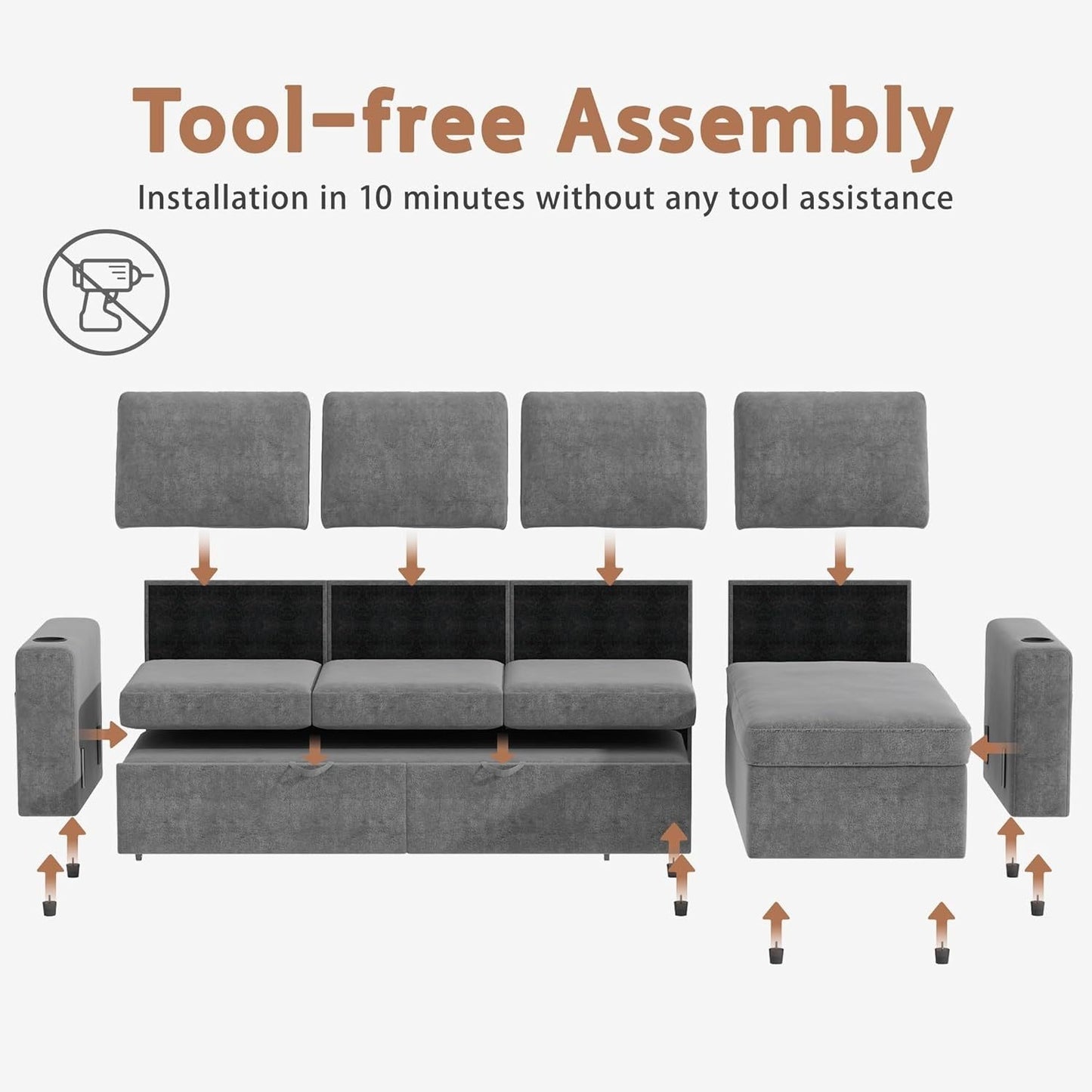 103" Extra Large L-Shaped Sectional Sleeper Sofa Bed with Storage Chaise - Convertible Pull-Out Couch, Cup Holders, Space-Saving Sleeper Sofa for Living Room, Apartment, Guest Room - Modern Sectional Furniture in Neutral Grey