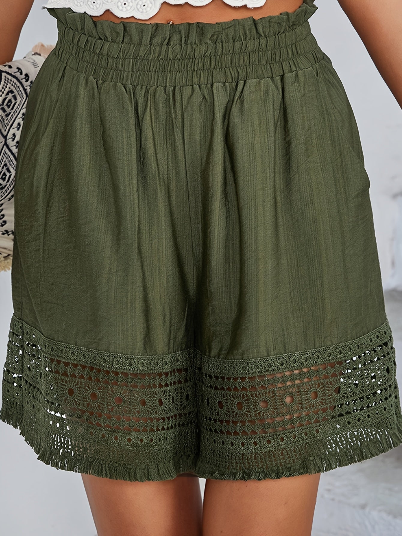 ZAFUL Women'S Solid Color Lace Cut-out Tassel Pocket Shorts, Beach Vacation Casual Outing