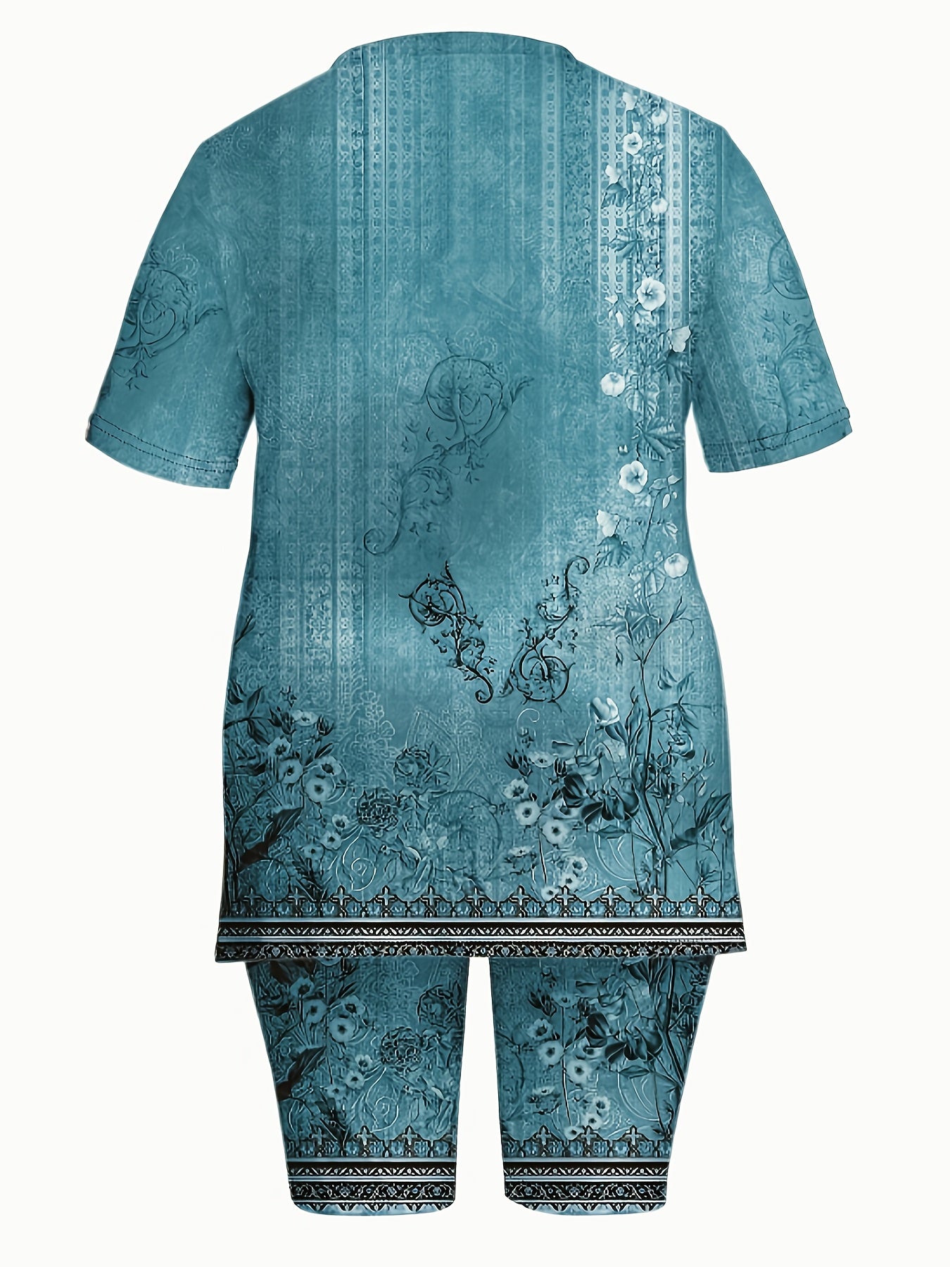 2pcs Women'S Casual Bohemian Print Short Sleeve Top and Shorts Set, Fashionable Short Sleeve Top with Side Slits and Tight Shorts, Comfortable Regular Home Wear Set, Round Neck Polyester Pullover
