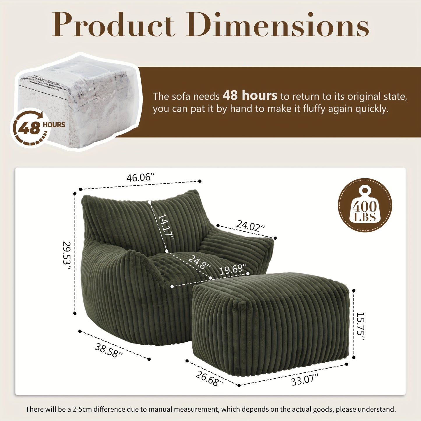 Living&Giving Oversize Bean Bag Chair, Modern Comfy Corduroy Fabric Fireside Chair Lazy Floor Sofa Armless Lounge Chair, Comfy Upholstered Bean Bag Chair Single Sofa For Outdoors Living Room Backyard