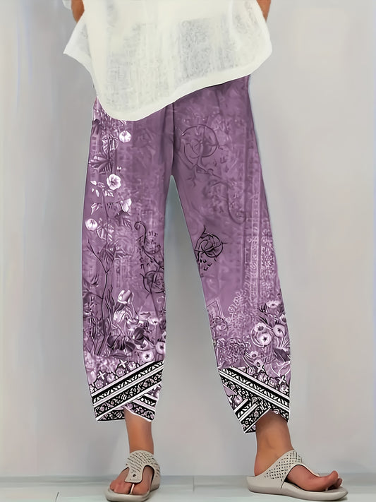 Women's Floral Print Cropped Pants - Elegant Loose-Fit with Pockets, Purple & Black Floral Pattern, Mid-Stretch Fabric for Spring/Summer/Fall, Floral Print Pants, Casual Casual Attire, Comfortable Fit