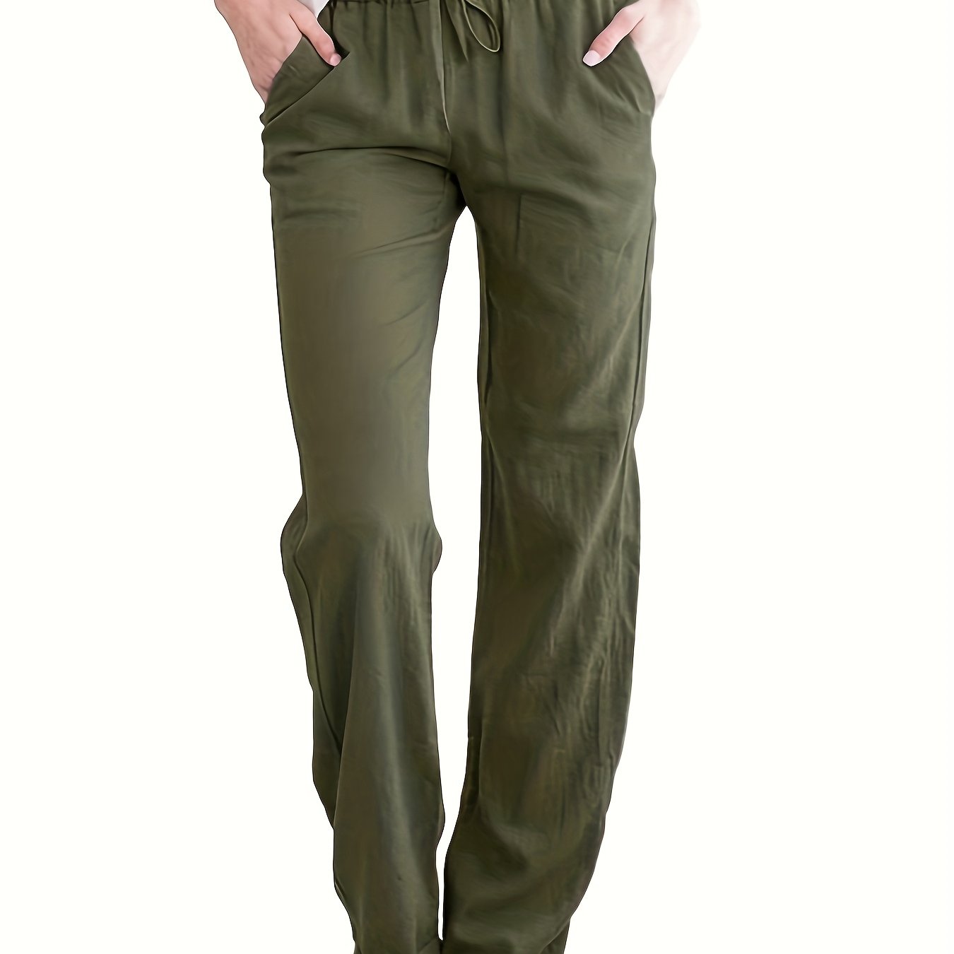 Women's Casual Solid Color Trousers with Pockets & Adjustable Drawstring Waist - Loose Fit Lightweight Pants for Spring Summer Fall, Machine Washable for Daily Commuting & Casual Outings, Flexible Clothing, Stylish Simplicity