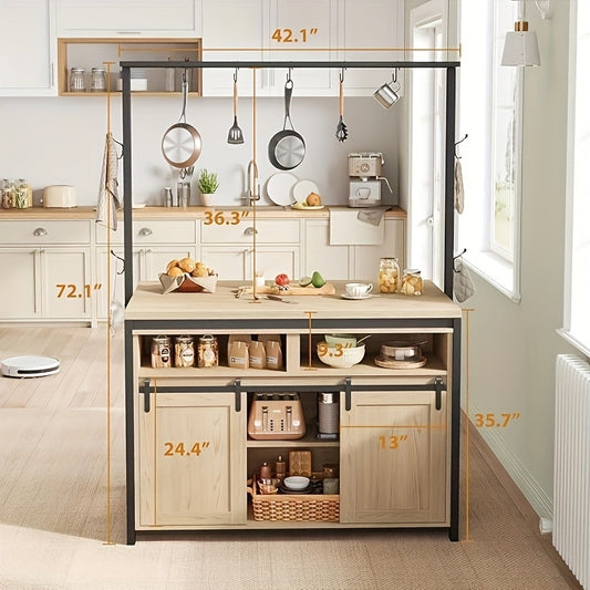 42" Kitchen Island Storage With Sliding Barn Door, Table Island Kitchen Cabinet With 2 Side Hooks, 3-Tier Shelves, Multi-Functional Dining Storage For Living Room 41.2"x24.6"x72.1"