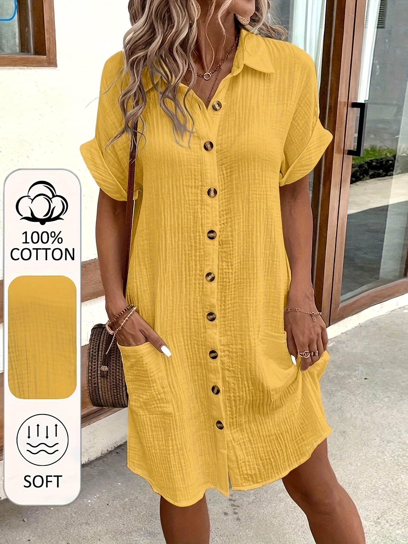 100% V-Neck Blouse Dress for Women - Light Blue Casual Shirt Dress with Button Details, Short Sleeves, and Collar, Machine Washable, All-Season Comfort, Allseason Dress | Vneck Dress | Button Detailing